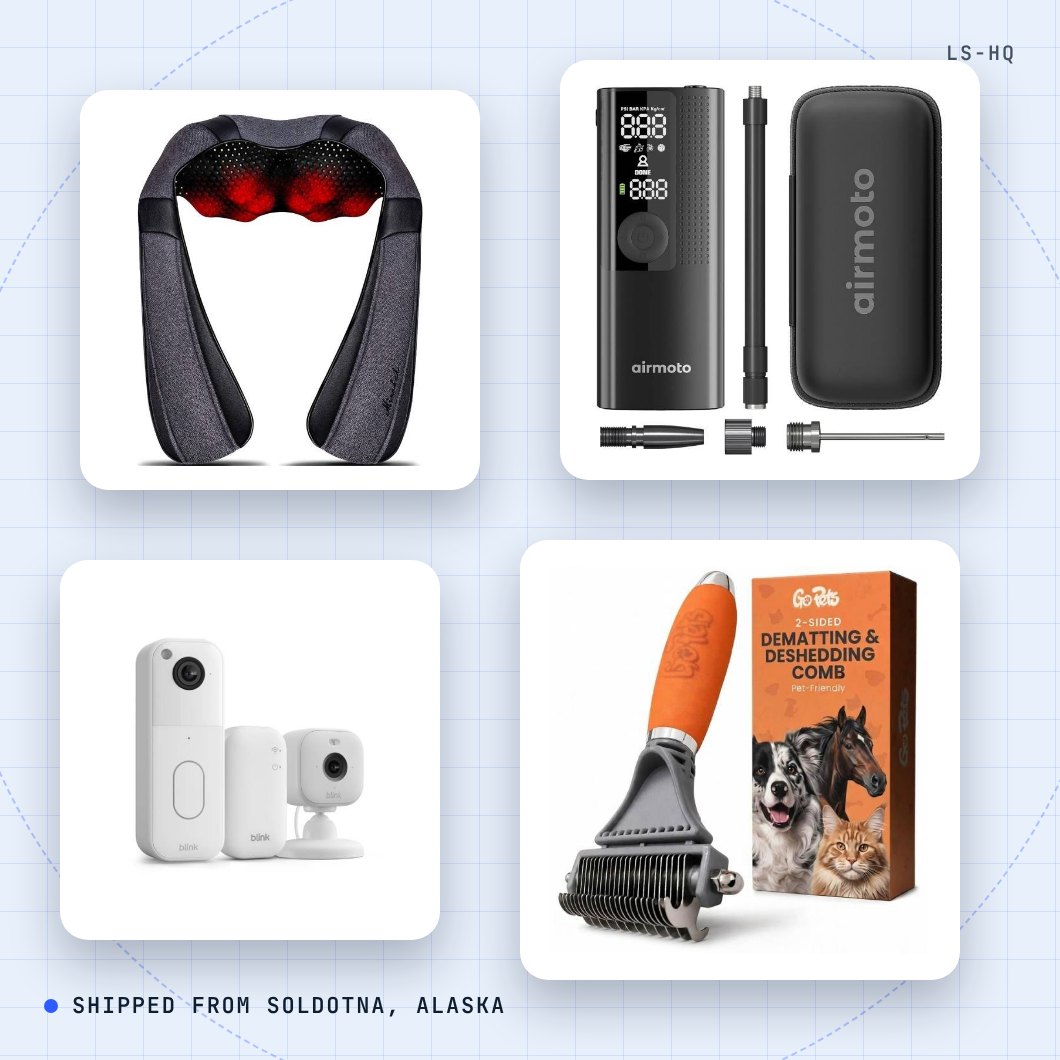 A heated neck massager, tire inflator, video doorbell and pet comb from Live Smart Shop
